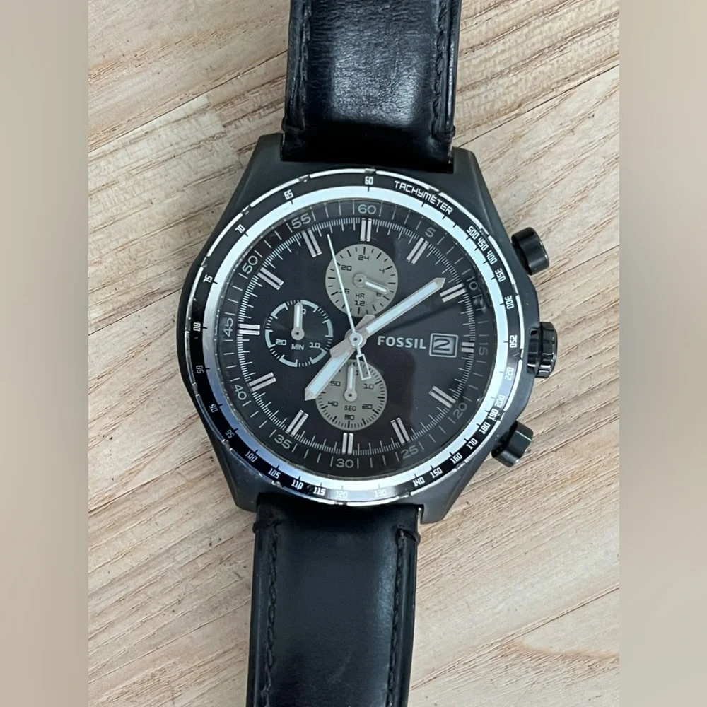 Fossil Men’s Watch Chronograph Black Leather Strap Black Dial Stainless Case